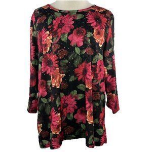 Rebecca Malone 1X Womens Top Floral Stretch 3/4 Sleeve Black Pink Orange Flowers